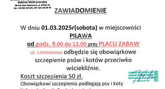 Zawiadomienie o szczepieniu psów i kotów przeciwko wściekliźnie w Pilawie
